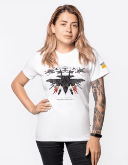 Women's T-Shirt #Buymeafighterjet. Color off-white. .