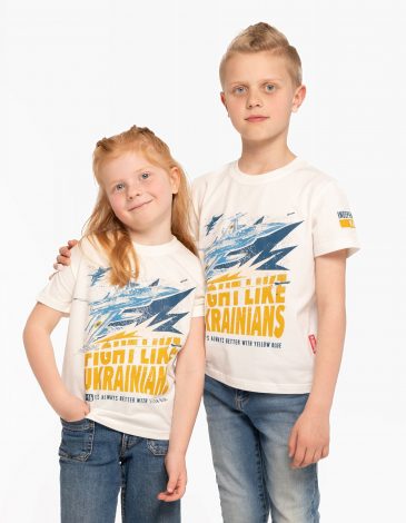 Kids T-Shirt F-16 Fight Like Ukrainians. Color off-white. .